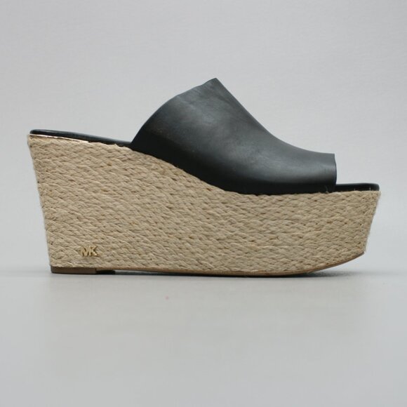 Michael Kors Ladies 9 M Wedge 2"-Platform Jute 4"-Heels Black Slides Mules Shoes - Picture 4 of 12